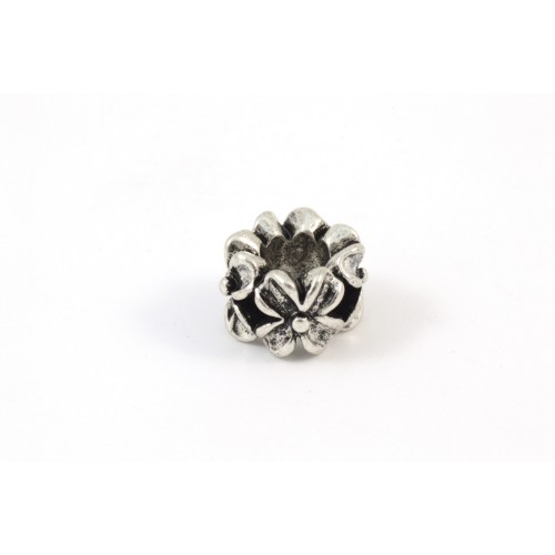 PANDORA STYLE BEAD, ANTIQUE SILVER RONDELLES WITH FLOWERS